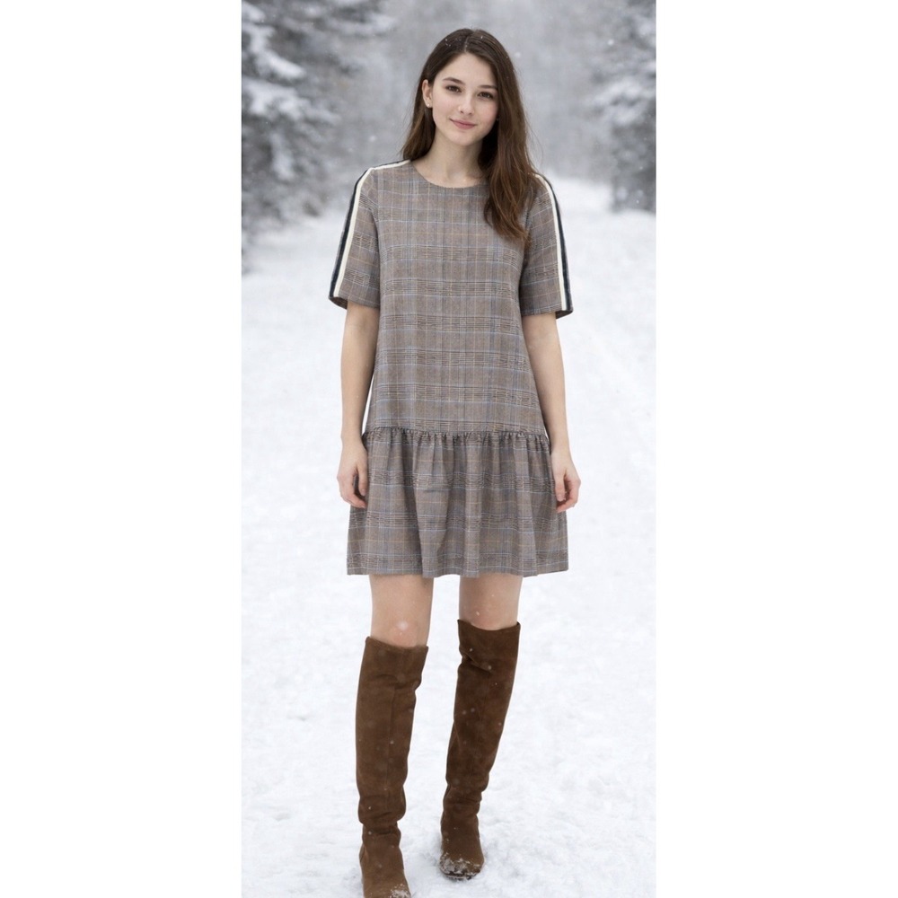 ZARA Brown Plaid Dress With‎ Velvet Striped Accents Size S Winter Preppy